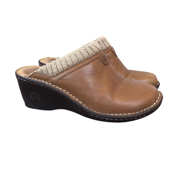 UGG Gael Chestnut Brown Leather Wedge Clogs Size 7 - Picture 2 of 6